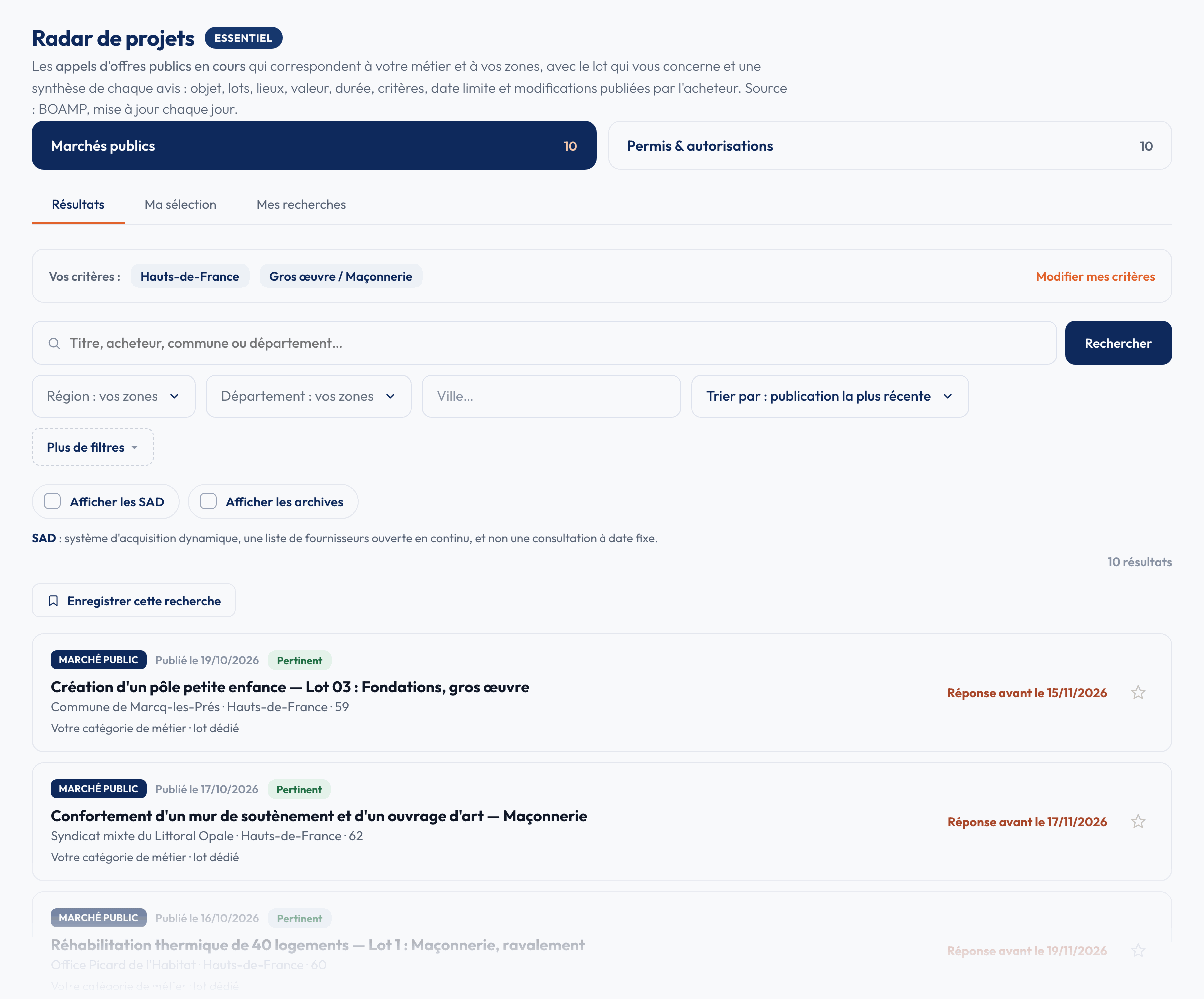 Radar de projets : marchés publics